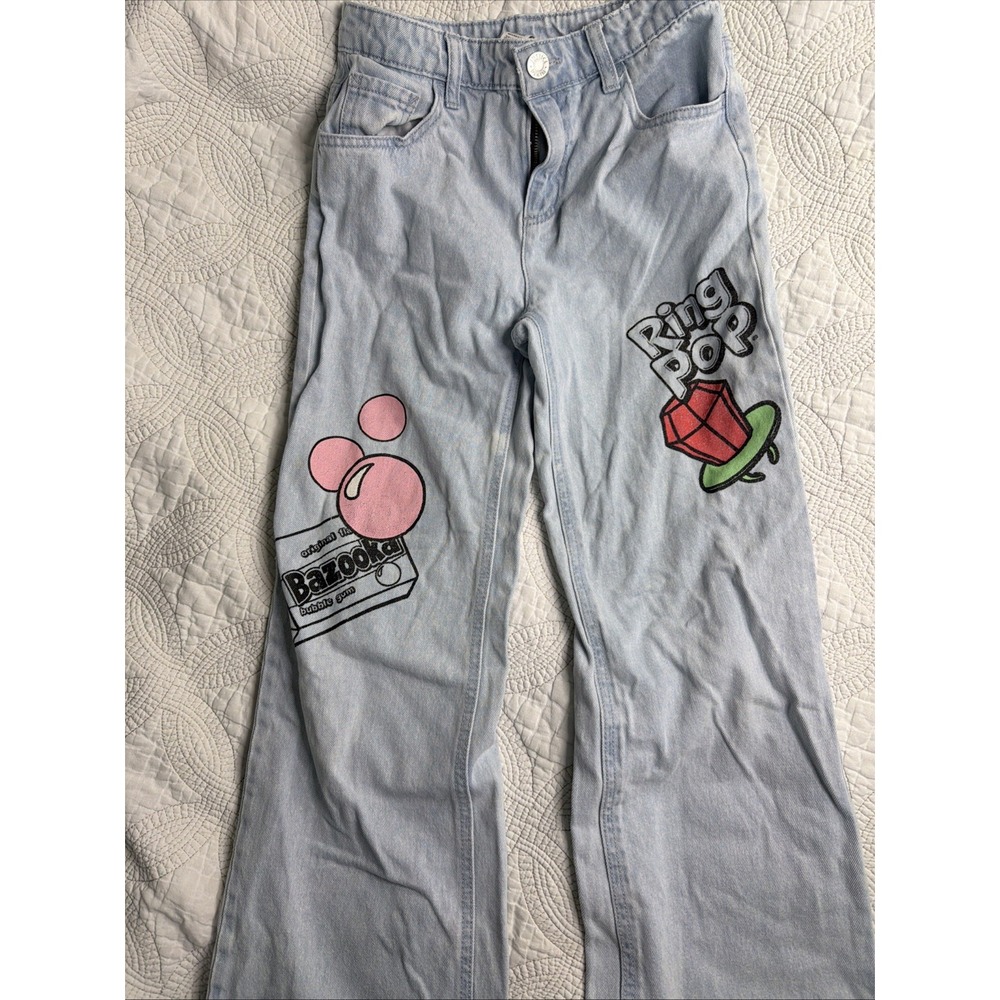 Justice Light Wash Jeans with Pink Balloon & Red Ring Pop Art Girls Sz 10